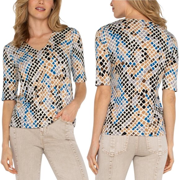 Liverpool Tops - Liverpool Lapis Snake Top Short Sleeve V-Neck Knit Top - Blue/Brown/Gold - XL